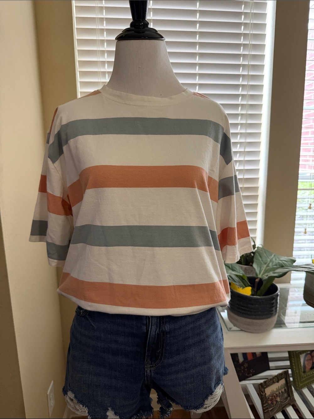 Women's Cream Striped Boxy Tee - Peach & Blue/Gray